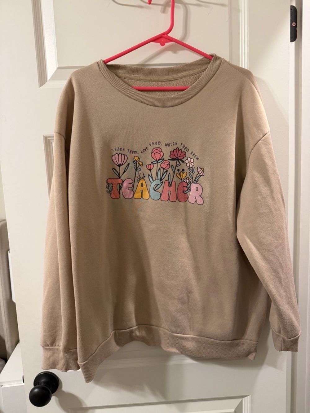 SHEIN Beige "Teacher" Floral Graphic Sweatshirt
